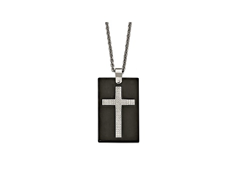White Cubic Zirconia Polished Stainless Steel Ceramic Mens Cross Pendant With Chain