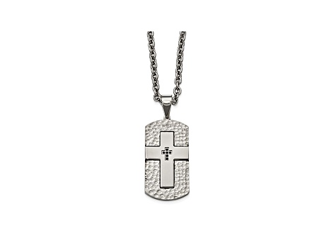 Black Cubic Zirconia Hammered Stainless Steel Mens Cross Pendant With Chain