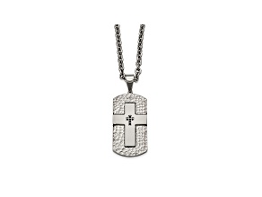 Black Cubic Zirconia Hammered Stainless Steel Mens Cross Pendant With Chain