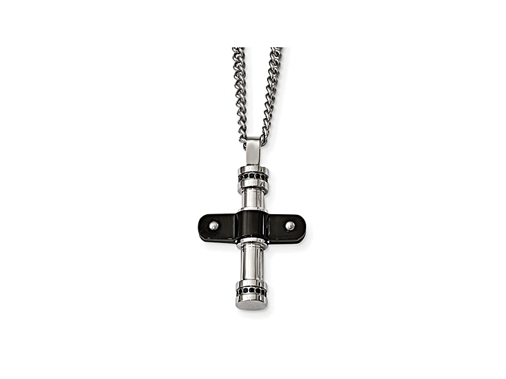 Black Cubic Zirconia Two-Tone Stainless Steel Mens Cross Pendant With Chain