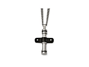 Black Cubic Zirconia Two-Tone Stainless Steel Mens Cross Pendant With Chain