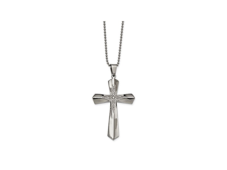 White Cubic Zirconia Polished Stainless Steel Mens Cross Pendant With Chain