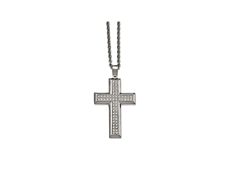 White Cubic Zirconia Polished Stainless Steel Mens Cross Pendant With Chain