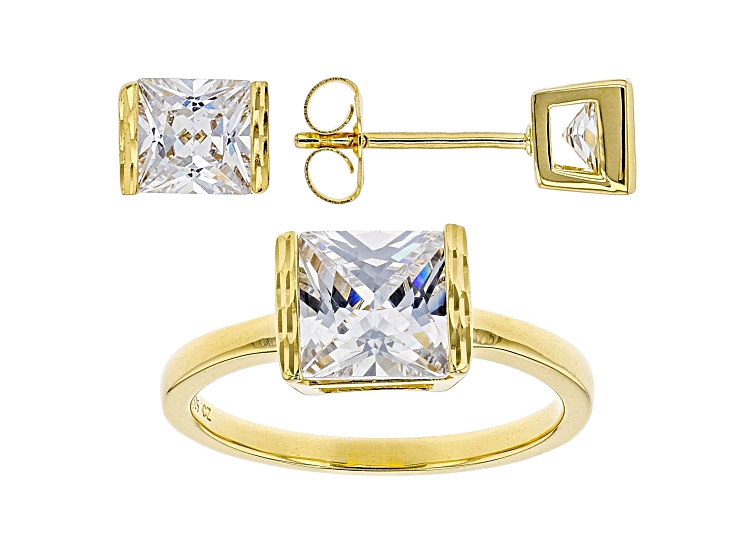 White Cubic Zirconia 18K Yellow Gold Over Sterling Silver Ring And Earrings Set 5.49ctw