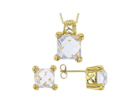 White Cubic Zirconia 18K Yellow Gold Over Sterling Silver Pendant With Chain And Earrings 17.07ctw