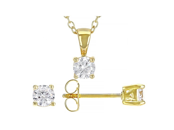 White Cubic Zirconia 18K Yellow Gold Over Sterling Silver Pendant With Chain And Earrings 1.21ctw