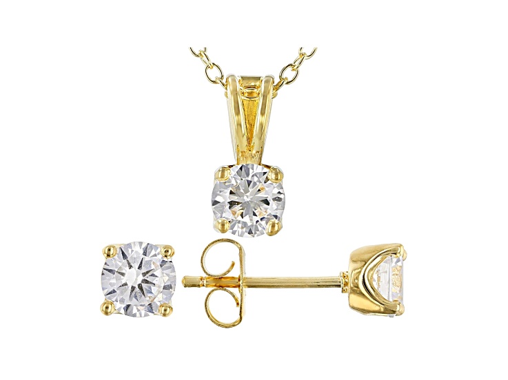 White Cubic Zirconia 18K Yellow Gold Over Sterling Silver Pendant With Chain And Earrings 2.43ctw
