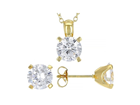 White Cubic Zirconia 18K Yellow Gold Over Sterling Silver Pendant With Chain And Earrings 7.36ctw