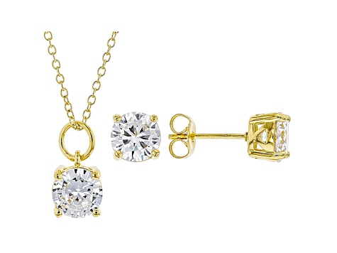 White Cubic Zirconia 18K Yellow Gold Over Sterling Silver Pendant With Chain And Earrings 6.55ctw