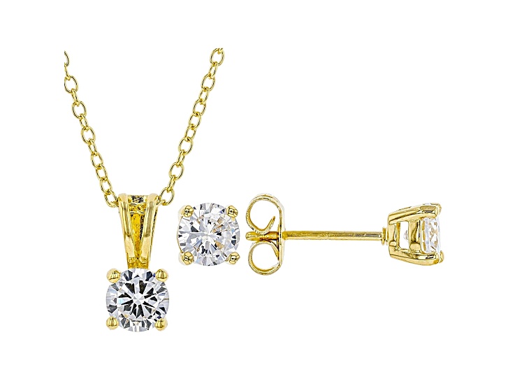 White Cubic Zirconia 18K Yellow Gold Over Sterling Silver Pendant With Chain And Earrings 2.43ctw
