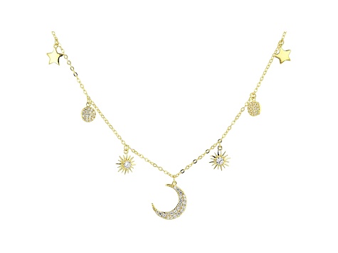 White Cubic Zirconia 18K Yellow Gold Over Sterling Silver Star And Moon Necklace 0.66ctw