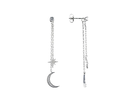 White Cubic Zirconia Rhodium Over Sterling Silver Moon And Stars Dangle Earrings 0.58ctw