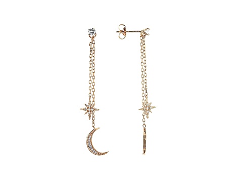 White Cubic Zirconia 18K Rose Gold Over Sterling Silver Moon And Stars Dangle Earrings 0.58ctw
