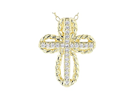 White Cubic Zirconia 18K Yellow Gold Over Sterling Silver Cross Pendant With Chain 0.21ctw