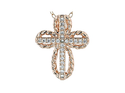 White Cubic Zirconia 18K Rose Gold Over Sterling Silver Cross Pendant With Chain 0.21ctw
