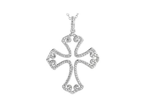 White Cubic Zirconia Rhodium Over Sterling Silver Cross Pendant With Chain 1.17ctw