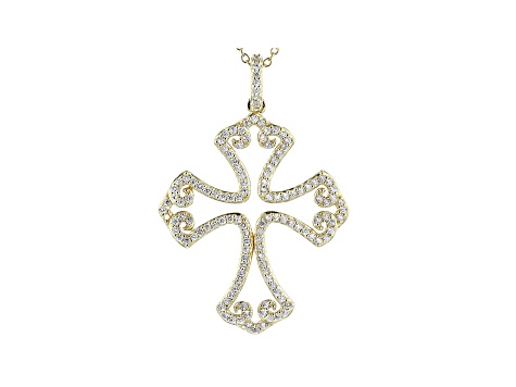 White Cubic Zirconia 18K Yellow Gold Over Sterling Silver Cross Pendant With Chain 1.17ctw