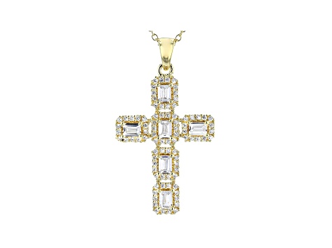 White Cubic Zirconia 18K Yellow Gold Over Sterling Silver Cross Pendant With Chain 2.10ctw