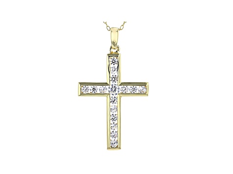 White Cubic Zirconia 18K Yellow Gold Over Sterling Silver Cross Pendant With Chain 1.45ctw