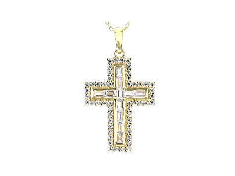 White Cubic Zirconia 18K Yellow Gold Over Sterling Silver Cross Pendant With Chain 2.09ctw