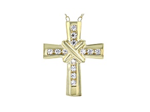 White Cubic Zirconia 18K Yellow Gold Over Sterling Silver Cross Pendant With Chain 0.35ctw
