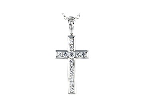 White Cubic Zirconia Rhodium Over Sterling Silver Cross Pendant With Chain 0.59ctw