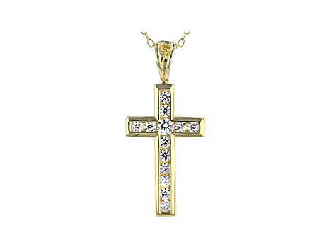 White Cubic Zirconia 18K Yellow Gold Over Sterling Silver Cross Pendant With Chain 0.59ctw
