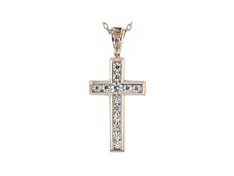 White Cubic Zirconia 18K Rose Gold Over Sterling Silver Cross Pendant With Chain 0.59ctw