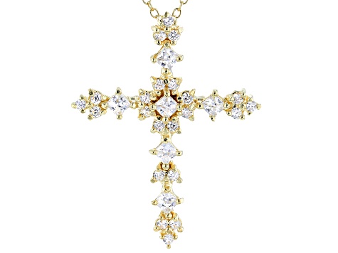 White Cubic Zirconia 18K Yellow Gold Over Sterling Silver Cross Pendant With Chain 1.42ctw