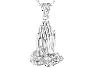 White Cubic Zirconia Rhodium Over Sterling Silver Praying Hands Pendant With Chain 0.49ctw