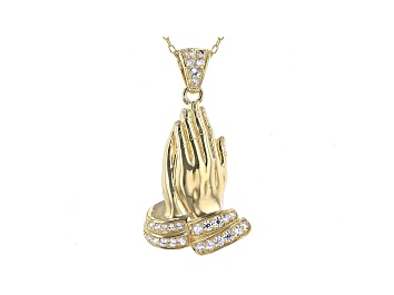 Picture of White Cubic Zirconia 18K Yellow Gold Over Sterling Silver Praying Hands Pendant With Chain 0.49ctw