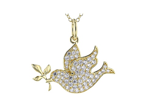 White Cubic Zirconia 18K Yellow Gold Over Sterling Silver Dove Pendant With Chain 1.24ctw