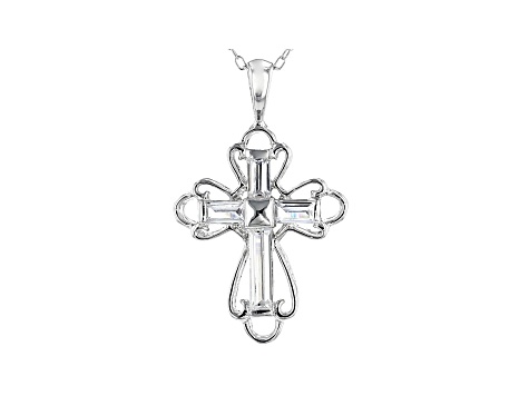 White Cubic Zirconia Rhodium Over Sterling Silver Cross Pendant With Chain 0.88ctw
