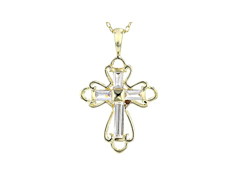 White Cubic Zirconia 18K Yellow Gold Over Sterling Silver Cross Pendant With Chain 0.88ctw