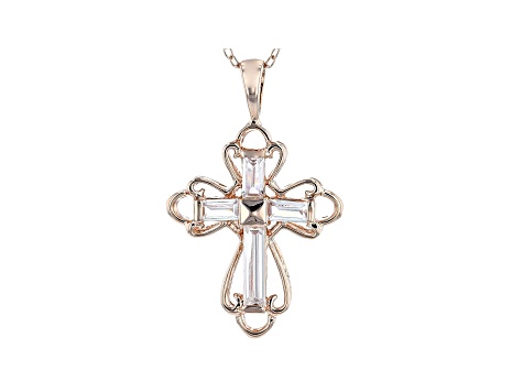 White Cubic Zirconia 18K Rose Gold Over Sterling Silver Cross Pendant With Chain 0.88ctw