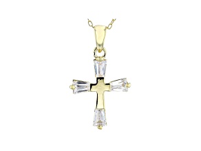 White Cubic Zirconia 18K Yellow Gold Over Sterling Silver Cross Pendant With Chain 0.97ctw