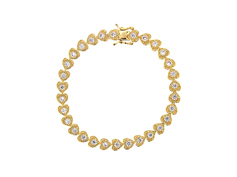 White Cubic Zirconia 18K Yellow Gold Over Sterling Silver Heart Tennis Bracelet 5.26ctw