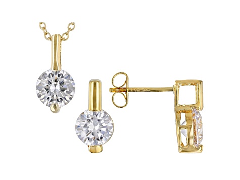 White Cubic Zirconia 18K Yellow Gold Over Sterling Silver Pendant With Chain And Earrings 4.86ctw