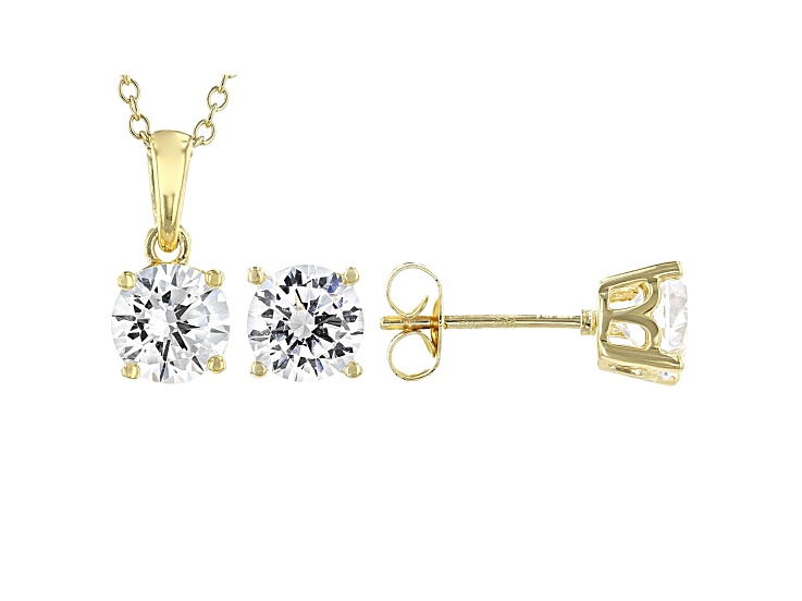 White Cubic Zirconia 18K Yellow Gold Over Sterling Silver Pendant With  Chain and Earrings 4.54ctw