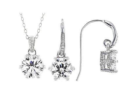 White Cubic Zirconia Rhodium Over Sterling Silver Pendant With Chain And Earrings 7.34ctw