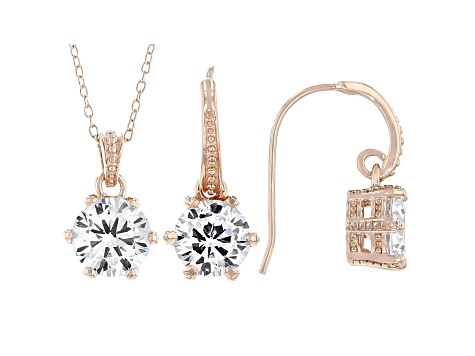 White Cubic Zirconia 18K Rose Gold Over Sterling Silver Pendant With Chain And Earrings 7.34ctw