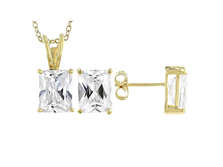 White Cubic Zirconia 18K Yellow Gold Over Sterling Silver Pendant With Chain And Earrings 10.66ctw