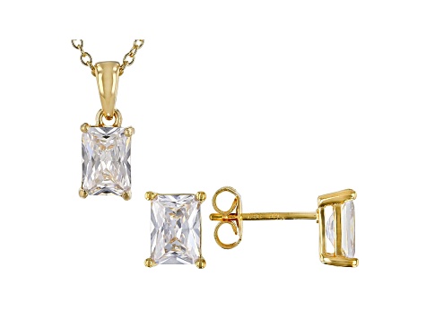 White Cubic Zirconia 18K Yellow Gold Over Sterling Silver Pendant With Chain And Earrings 4.45ctw