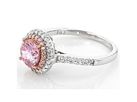 Pink And White Cubic Zirconia Platinum And 18K Rose Gold Over Silver Ring 2.54ctw