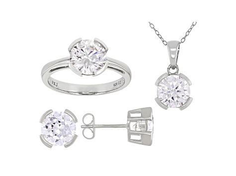 White Cubic Zirconia Rhodium Over Sterling Silver Pendant With Chain, Ring, And Earrings 11.88ctw