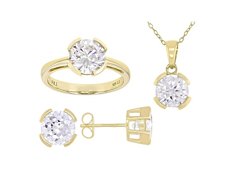 White Cubic Zirconia 18K Yellow Gold Over Sterling  Pendant With Chain, Ring, And Earrings 11.88ctw