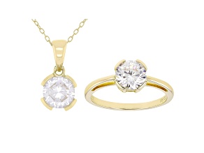 White Cubic Zirconia 18K Yellow Gold Over Sterling Silver Pendant With Chain And Ring 4.38ctw