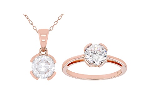 White Cubic Zirconia 18K Rose Gold Over Sterling Silver Pendant With Chain And Ring 4.38ctw
