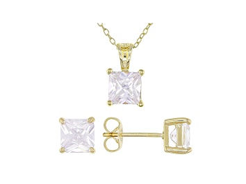 Picture of White Cubic Zirconia 18K Yellow Gold Over Sterling Silver Pendant With Chain And Earrings 5.04ctw