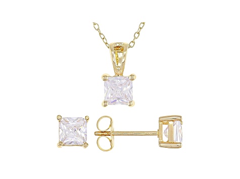 White Cubic Zirconia 18K Yellow Gold Over Sterling Silver Pendant With Chain And Earrings 3.12ctw